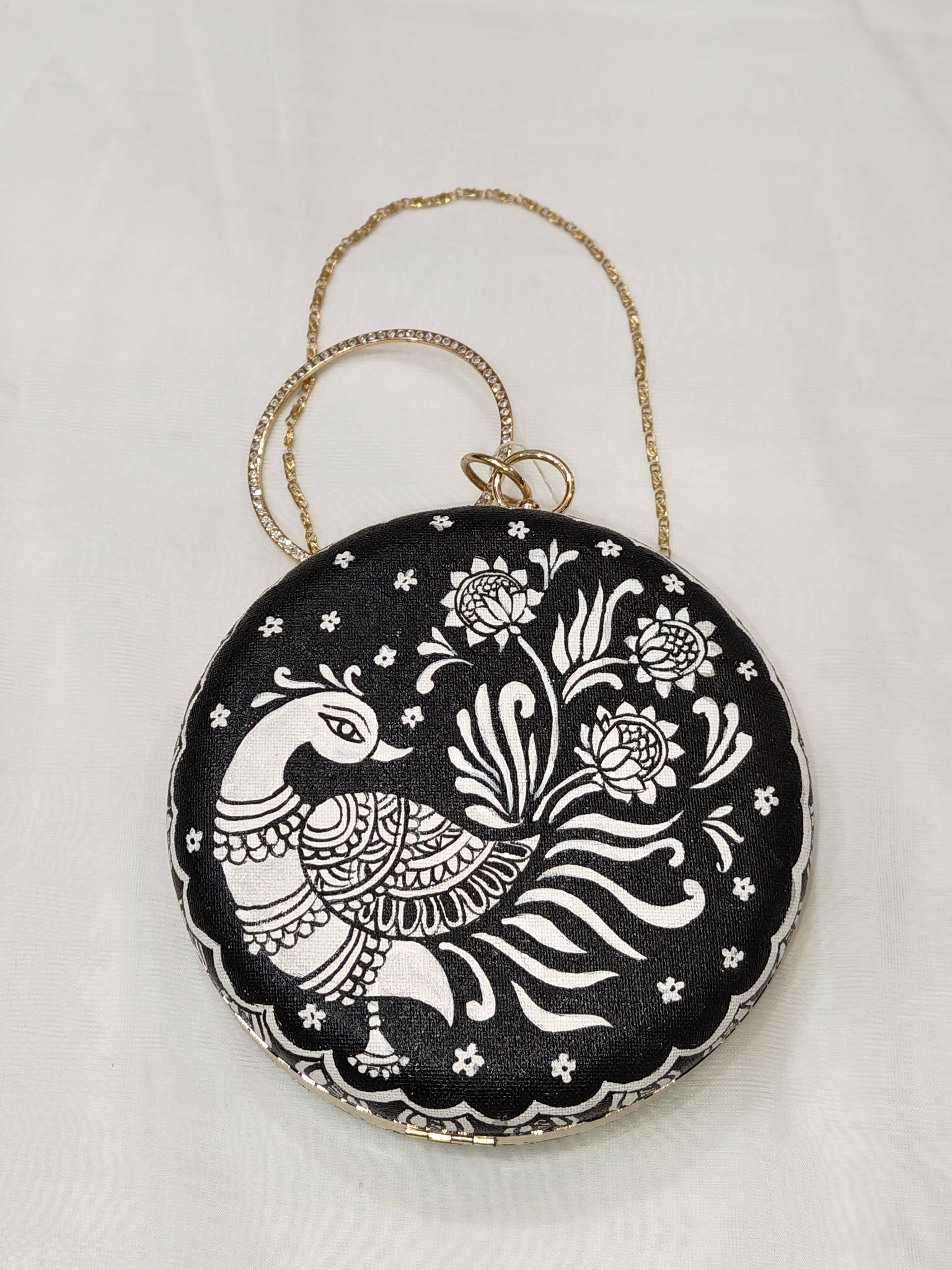 Handpainted Black & White Round Madhubani Clutch